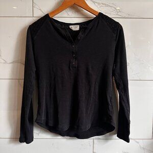 Bleu Gray Lace Shoulder Henley Long Sleeve Black